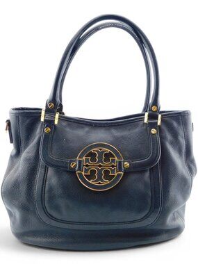 Tory Burch Logo Black Pebble Grain Leather Tote Handbag